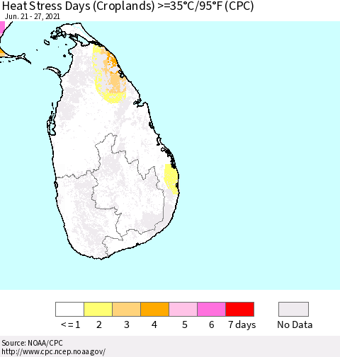 Sri Lanka Heat Stress Days (Croplands) >=35°C/95°F (CPC) Thematic Map For 6/21/2021 - 6/27/2021