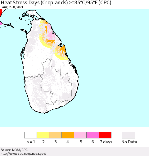 Sri Lanka Heat Stress Days (Croplands) >=35°C/95°F (CPC) Thematic Map For 8/2/2021 - 8/8/2021