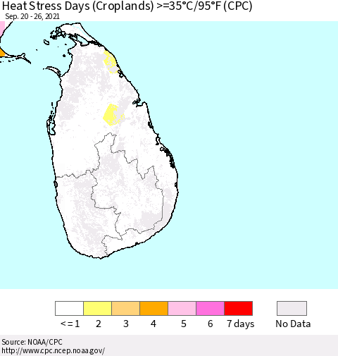 Sri Lanka Heat Stress Days (Croplands) >=35°C/95°F (CPC) Thematic Map For 9/20/2021 - 9/26/2021
