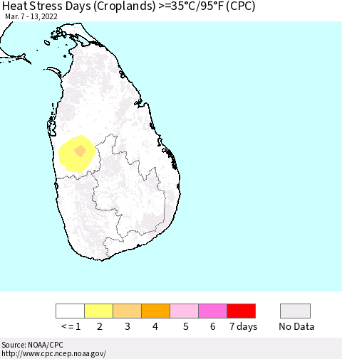 Sri Lanka Heat Stress Days (Croplands) >=35°C/95°F (CPC) Thematic Map For 3/7/2022 - 3/13/2022