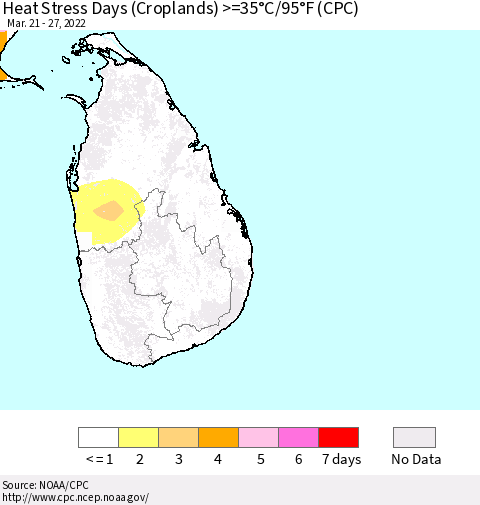 Sri Lanka Heat Stress Days (Croplands) >=35°C/95°F (CPC) Thematic Map For 3/21/2022 - 3/27/2022