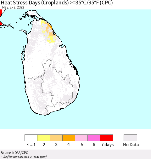 Sri Lanka Heat Stress Days (Croplands) >=35°C/95°F (CPC) Thematic Map For 5/2/2022 - 5/8/2022