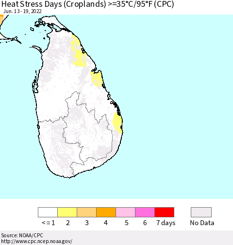 Sri Lanka Heat Stress Days (Croplands) >=35°C/95°F (CPC) Thematic Map For 6/13/2022 - 6/19/2022