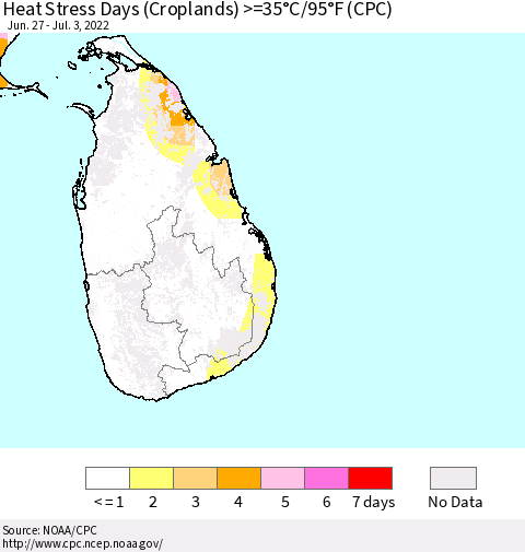 Sri Lanka Heat Stress Days (Croplands) >=35°C/95°F (CPC) Thematic Map For 6/27/2022 - 7/3/2022
