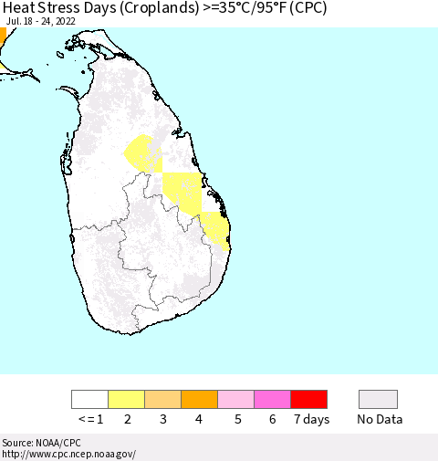 Sri Lanka Heat Stress Days (Croplands) >=35°C/95°F (CPC) Thematic Map For 7/18/2022 - 7/24/2022