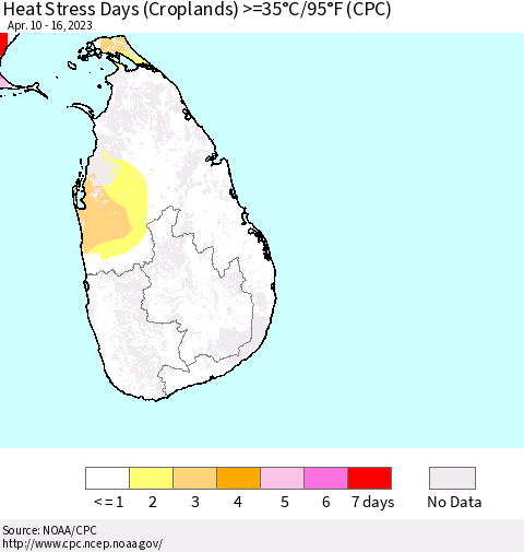 Sri Lanka Heat Stress Days (Croplands) >=35°C/95°F (CPC) Thematic Map For 4/10/2023 - 4/16/2023