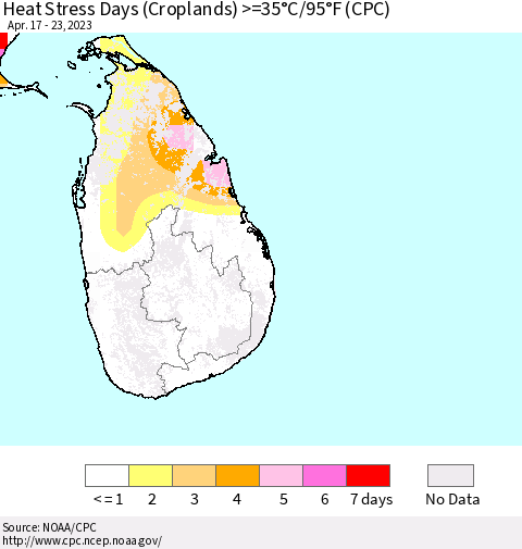 Sri Lanka Heat Stress Days (Croplands) >=35°C/95°F (CPC) Thematic Map For 4/17/2023 - 4/23/2023
