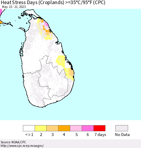 Sri Lanka Heat Stress Days (Croplands) >=35°C/95°F (CPC) Thematic Map For 5/15/2023 - 5/21/2023