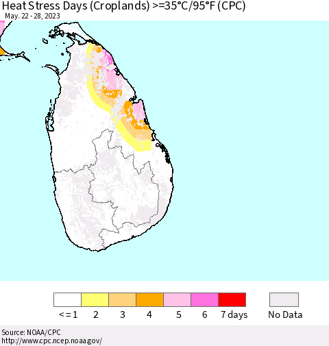 Sri Lanka Heat Stress Days (Croplands) >=35°C/95°F (CPC) Thematic Map For 5/22/2023 - 5/28/2023