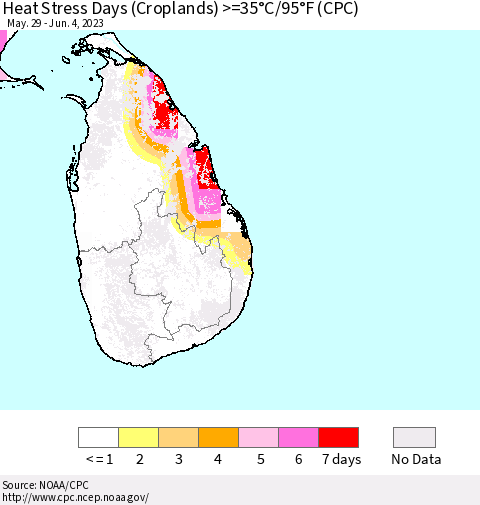 Sri Lanka Heat Stress Days (Croplands) >=35°C/95°F (CPC) Thematic Map For 5/29/2023 - 6/4/2023