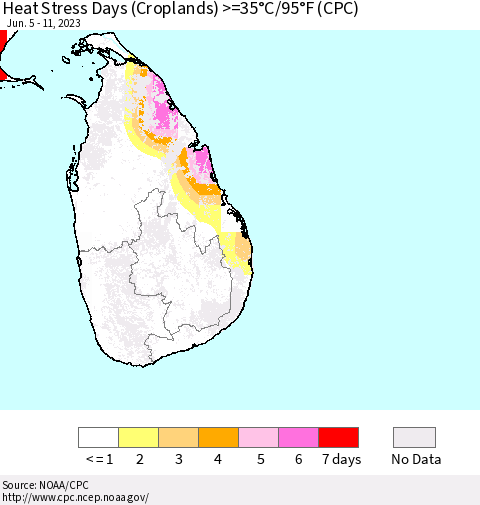 Sri Lanka Heat Stress Days (Croplands) >=35°C/95°F (CPC) Thematic Map For 6/5/2023 - 6/11/2023