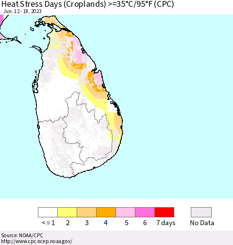 Sri Lanka Heat Stress Days (Croplands) >=35°C/95°F (CPC) Thematic Map For 6/12/2023 - 6/18/2023