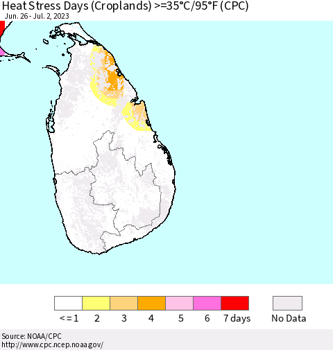 Sri Lanka Heat Stress Days (Croplands) >=35°C/95°F (CPC) Thematic Map For 6/26/2023 - 7/2/2023
