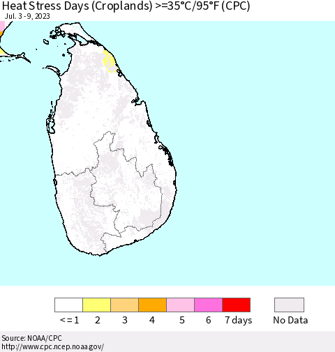 Sri Lanka Heat Stress Days (Croplands) >=35°C/95°F (CPC) Thematic Map For 7/3/2023 - 7/9/2023