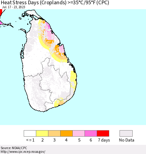 Sri Lanka Heat Stress Days (Croplands) >=35°C/95°F (CPC) Thematic Map For 7/17/2023 - 7/23/2023