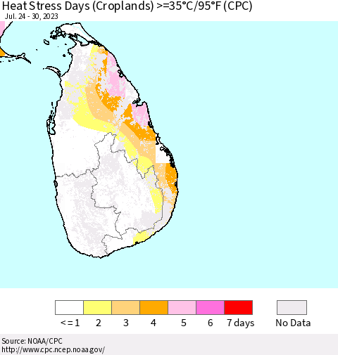 Sri Lanka Heat Stress Days (Croplands) >=35°C/95°F (CPC) Thematic Map For 7/24/2023 - 7/30/2023