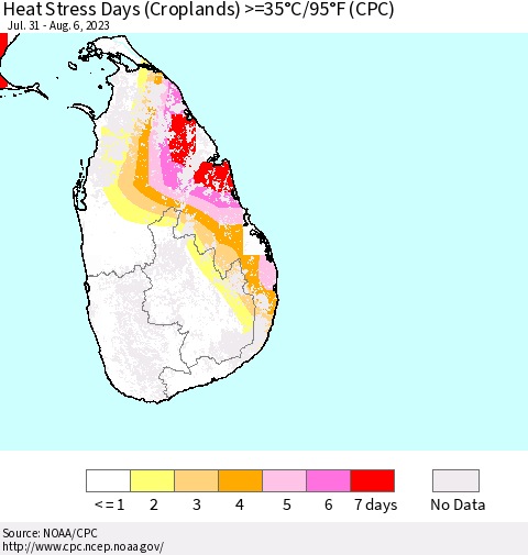 Sri Lanka Heat Stress Days (Croplands) >=35°C/95°F (CPC) Thematic Map For 7/31/2023 - 8/6/2023
