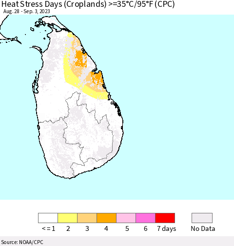Sri Lanka Heat Stress Days (Croplands) >=35°C/95°F (CPC) Thematic Map For 8/28/2023 - 9/3/2023