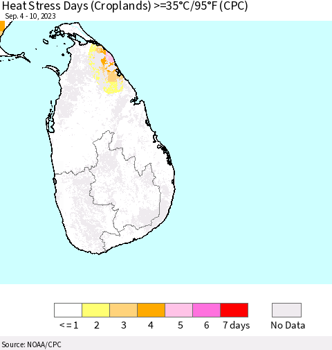 Sri Lanka Heat Stress Days (Croplands) >=35°C/95°F (CPC) Thematic Map For 9/4/2023 - 9/10/2023