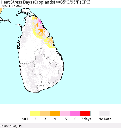 Sri Lanka Heat Stress Days (Croplands) >=35°C/95°F (CPC) Thematic Map For 9/11/2023 - 9/17/2023