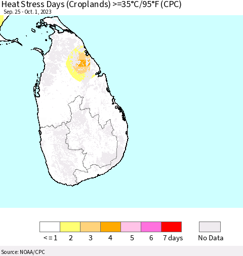 Sri Lanka Heat Stress Days (Croplands) >=35°C/95°F (CPC) Thematic Map For 9/25/2023 - 10/1/2023