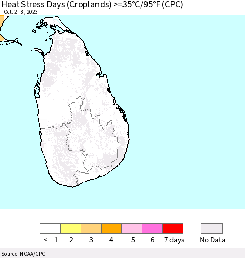 Sri Lanka Heat Stress Days (Croplands) >=35°C/95°F (CPC) Thematic Map For 10/2/2023 - 10/8/2023
