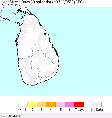 Sri Lanka Heat Stress Days (Croplands) >=35°C/95°F (CPC) Thematic Map For 10/16/2023 - 10/22/2023