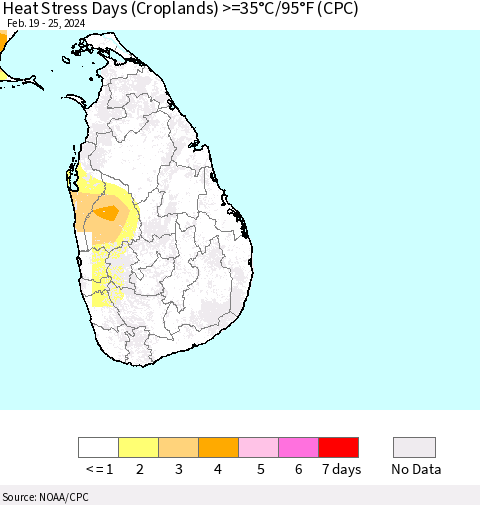 Sri Lanka Heat Stress Days (Croplands) >=35°C/95°F (CPC) Thematic Map For 2/19/2024 - 2/25/2024
