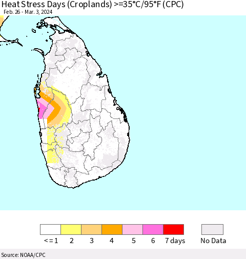 Sri Lanka Heat Stress Days (Croplands) >=35°C/95°F (CPC) Thematic Map For 2/26/2024 - 3/3/2024