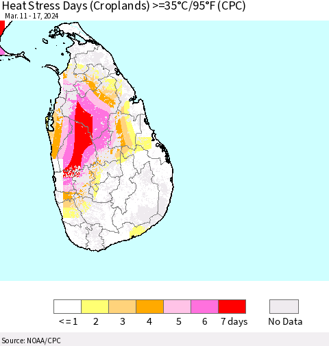 Sri Lanka Heat Stress Days (Croplands) >=35°C/95°F (CPC) Thematic Map For 3/11/2024 - 3/17/2024