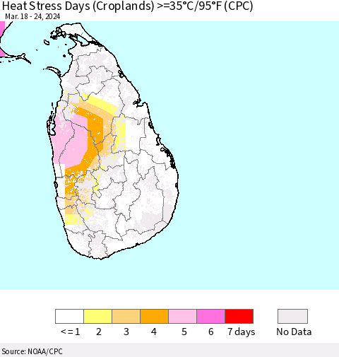 Sri Lanka Heat Stress Days (Croplands) >=35°C/95°F (CPC) Thematic Map For 3/18/2024 - 3/24/2024