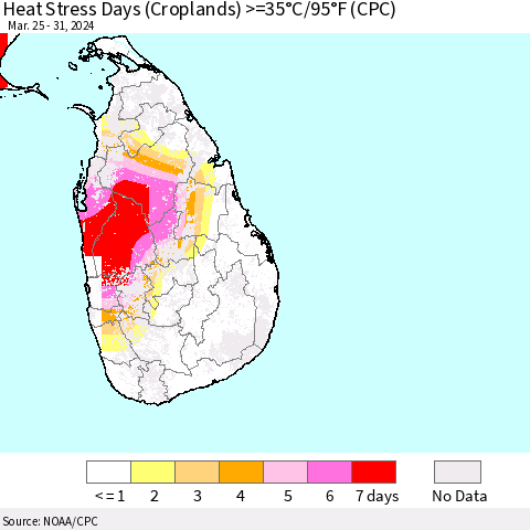 Sri Lanka Heat Stress Days (Croplands) >=35°C/95°F (CPC) Thematic Map For 3/25/2024 - 3/31/2024