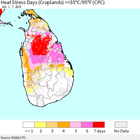 Sri Lanka Heat Stress Days (Croplands) >=35°C/95°F (CPC) Thematic Map For 4/1/2024 - 4/7/2024