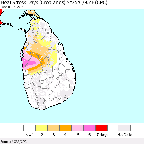 Sri Lanka Heat Stress Days (Croplands) >=35°C/95°F (CPC) Thematic Map For 4/8/2024 - 4/14/2024