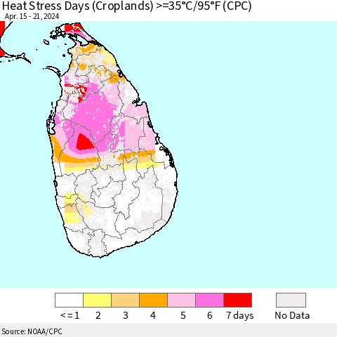 Sri Lanka Heat Stress Days (Croplands) >=35°C/95°F (CPC) Thematic Map For 4/15/2024 - 4/21/2024