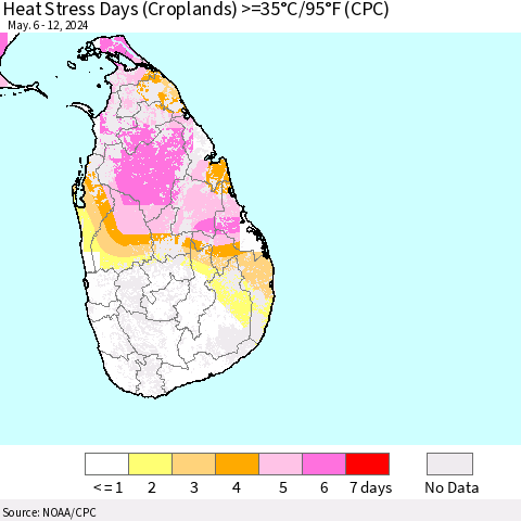 Sri Lanka Heat Stress Days (Croplands) >=35°C/95°F (CPC) Thematic Map For 5/6/2024 - 5/12/2024