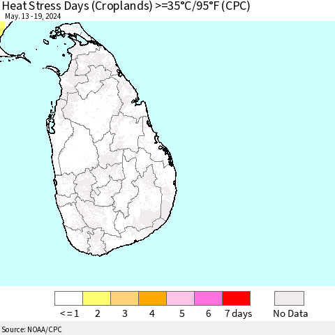 Sri Lanka Heat Stress Days (Croplands) >=35°C/95°F (CPC) Thematic Map For 5/13/2024 - 5/19/2024