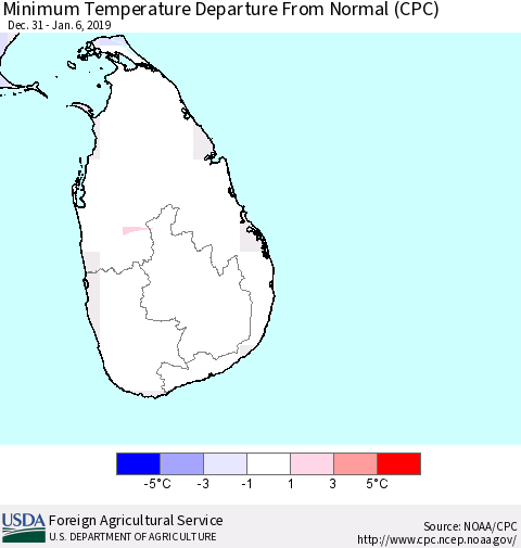 Sri Lanka Mean Minimum Temperature Departure from Normal (CPC) Thematic Map For 12/31/2018 - 1/6/2019