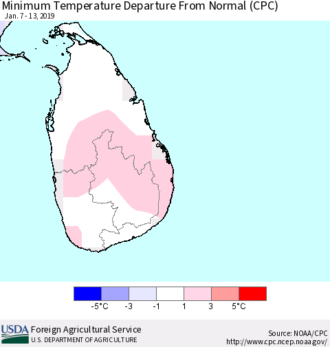 Sri Lanka Mean Minimum Temperature Departure from Normal (CPC) Thematic Map For 1/7/2019 - 1/13/2019