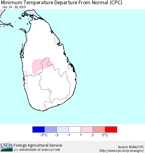 Sri Lanka Mean Minimum Temperature Departure from Normal (CPC) Thematic Map For 1/14/2019 - 1/20/2019