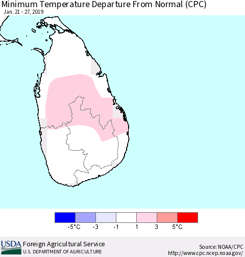 Sri Lanka Mean Minimum Temperature Departure from Normal (CPC) Thematic Map For 1/21/2019 - 1/27/2019