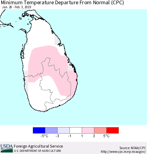 Sri Lanka Mean Minimum Temperature Departure from Normal (CPC) Thematic Map For 1/28/2019 - 2/3/2019