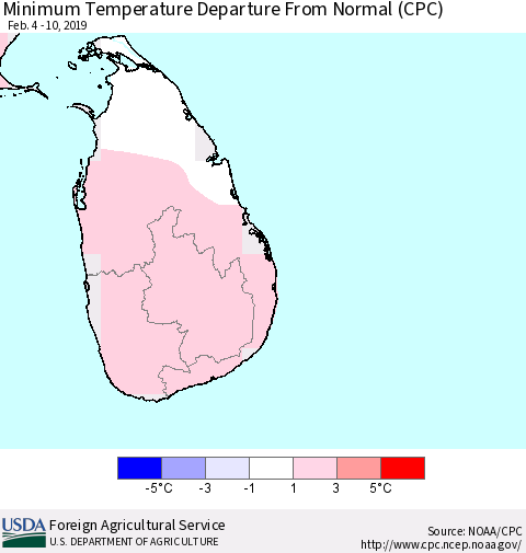 Sri Lanka Mean Minimum Temperature Departure from Normal (CPC) Thematic Map For 2/4/2019 - 2/10/2019