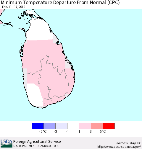 Sri Lanka Mean Minimum Temperature Departure from Normal (CPC) Thematic Map For 2/11/2019 - 2/17/2019
