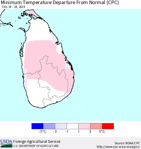 Sri Lanka Mean Minimum Temperature Departure from Normal (CPC) Thematic Map For 2/18/2019 - 2/24/2019