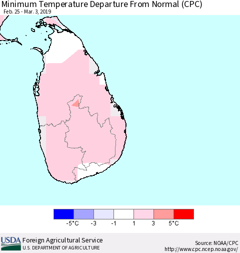 Sri Lanka Mean Minimum Temperature Departure from Normal (CPC) Thematic Map For 2/25/2019 - 3/3/2019