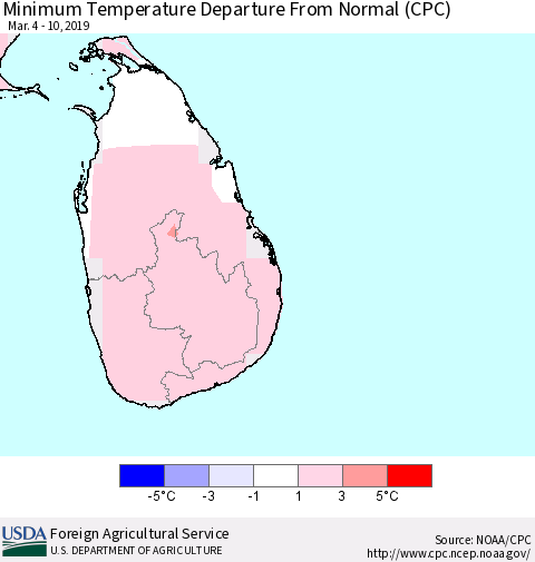 Sri Lanka Mean Minimum Temperature Departure from Normal (CPC) Thematic Map For 3/4/2019 - 3/10/2019