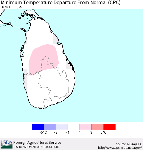 Sri Lanka Mean Minimum Temperature Departure from Normal (CPC) Thematic Map For 3/11/2019 - 3/17/2019