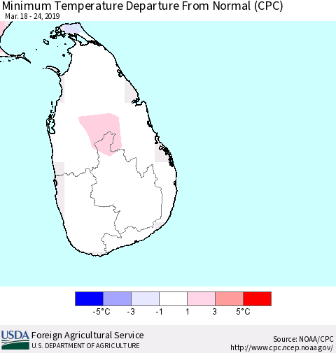 Sri Lanka Mean Minimum Temperature Departure from Normal (CPC) Thematic Map For 3/18/2019 - 3/24/2019