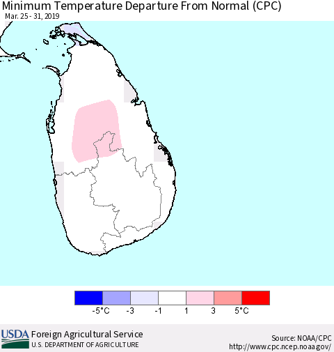 Sri Lanka Mean Minimum Temperature Departure from Normal (CPC) Thematic Map For 3/25/2019 - 3/31/2019